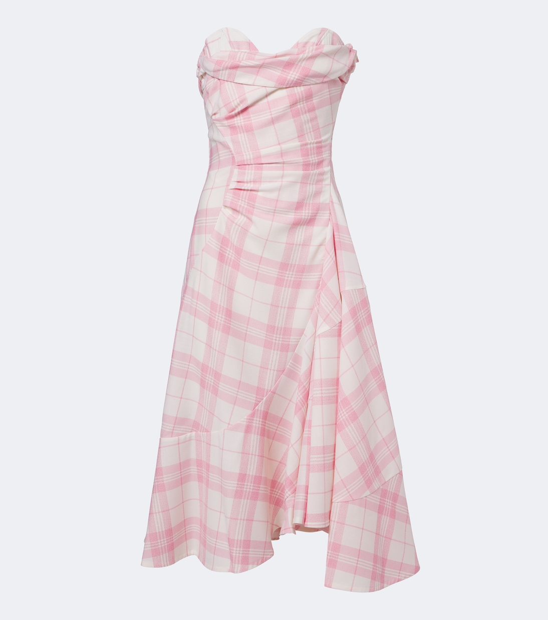 Vivienne Westwood Spiral checked wool-blend bustier dressのIVORY/PINK。ドレープと非対称の裾がある実物商品写真