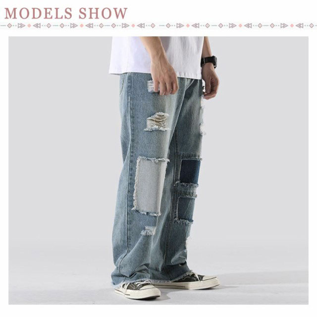 ブルーのリペア加工ワイドデニムパンツの公式商品写真