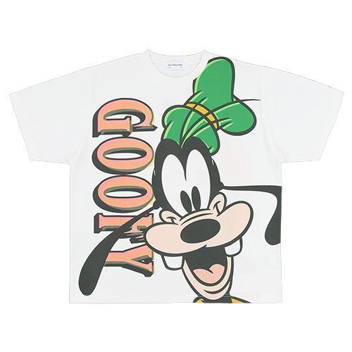 東京ディズニーリゾート公式の白いグーフィーTシャツ。前面に緑の帽子のグーフィーの顔